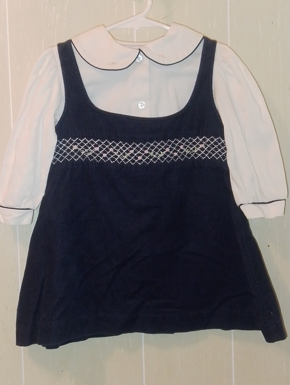 Classic Navy Smocked Jumper Dress with White Blouse